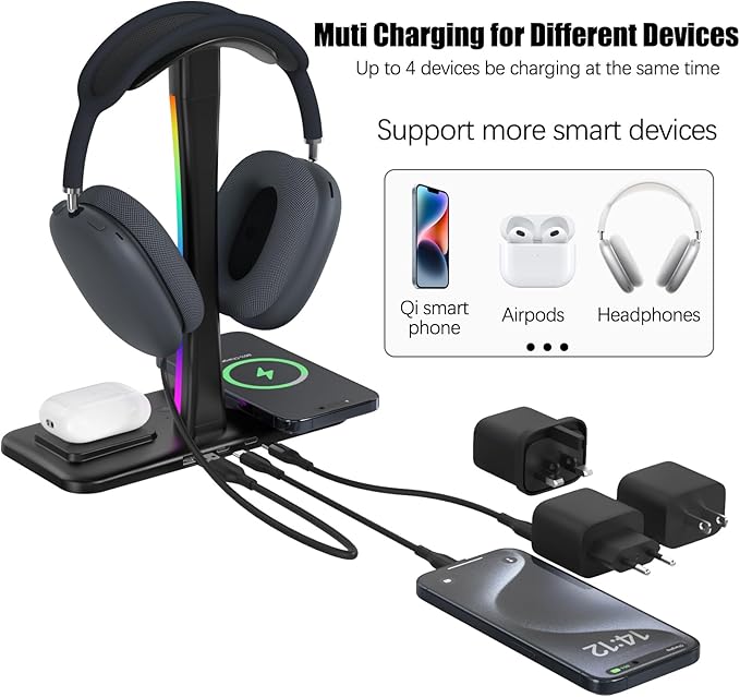 Headphone Stand with Wireless Charger,Gaming HeadsetStand with RGB Light Mode,AirpodMaxStand Compatible with Airpod Pro/3/2,iPhone 16/15/14/13/12/11,Samsung,Gifts for Gamers and Music Lover