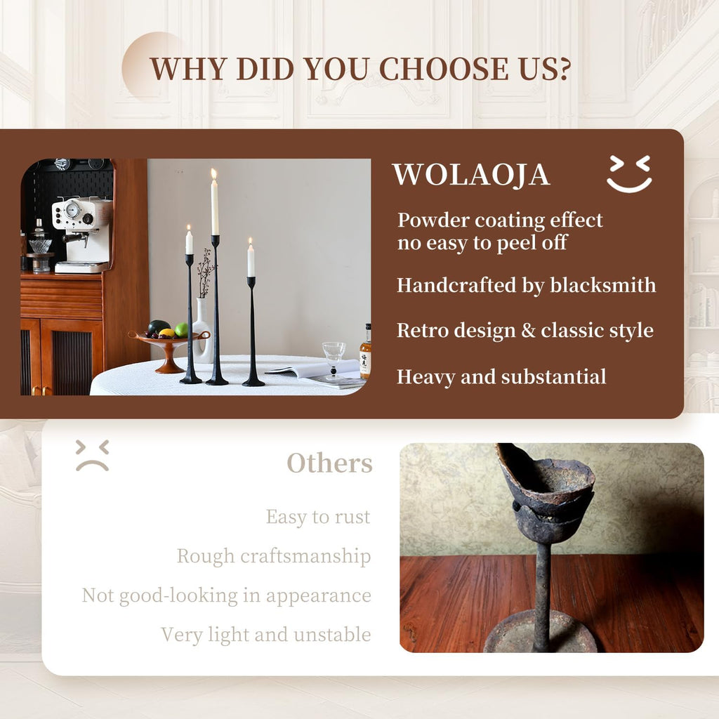 Set of 3 Candle Stick Holders,Iron Black Candlestick Holders, Fits 3/4 inch Thick Candles, Tapered Candle Holders Tall Set for Dining Table, Wedding, Home Decoration
