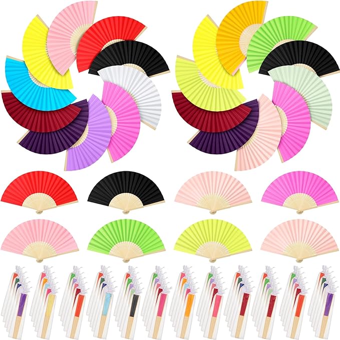 Chunful 100 Pieces Paper Hand Fan Multicolor Bamboo Folding Fans Handheld Chinese Decorative with Organza Bags for Wedding Bridal Church Dancing Home Craft DIY Decoration Party Favors Summer