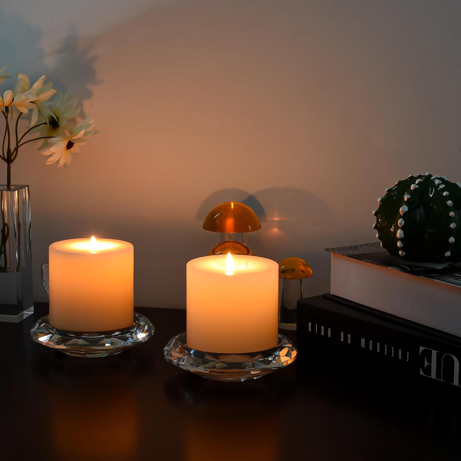 Crystal Pillar Candle Holders Decorations for Home Party Dinner Christmas, Suitable for Large Cylindrical Candles Hand-Cut 4.3'' X 1'' Clear, Pack of 2