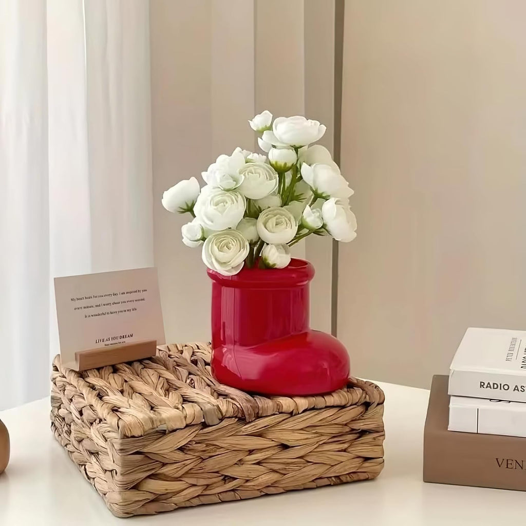 Red Boot Christmas Vase, Cute Pen and Pencil Holder for Desk, Small Desktop Marker Organizer and Storage Cup, Decorative Art Flowers Vase for Makeup Brushes and Pens Scissors