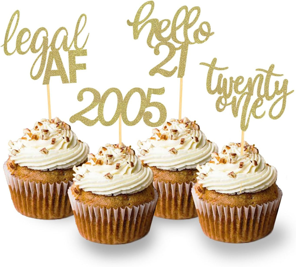 24 Pcs 21st Birthday Cupcake Toppers | Celebrating Twenty One Years Old Birthday Party Decorations，Glitter Gold