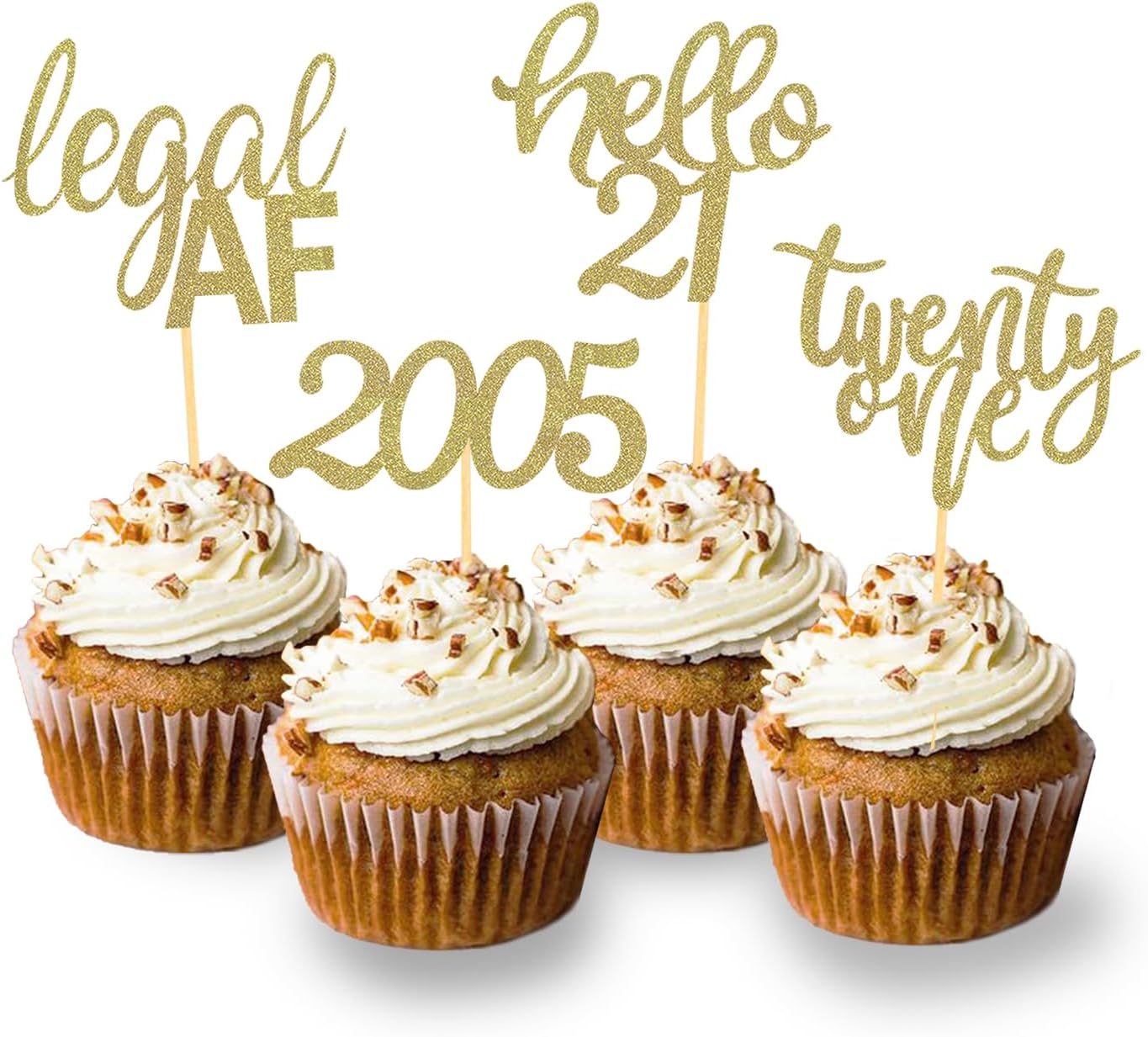 24 Pcs 21st Birthday Cupcake Toppers | Celebrating Twenty One Years Old Birthday Party Decorations，Glitter Gold