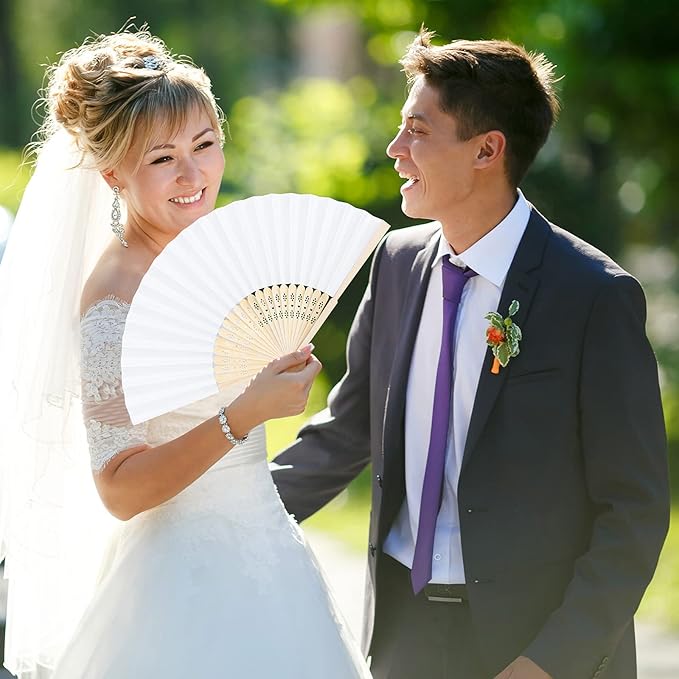Aneco 24 Pieces Handheld Paper Fans Paper Folding Fans with Bamboos for Wedding Gift, Party, Home, DIY, White…