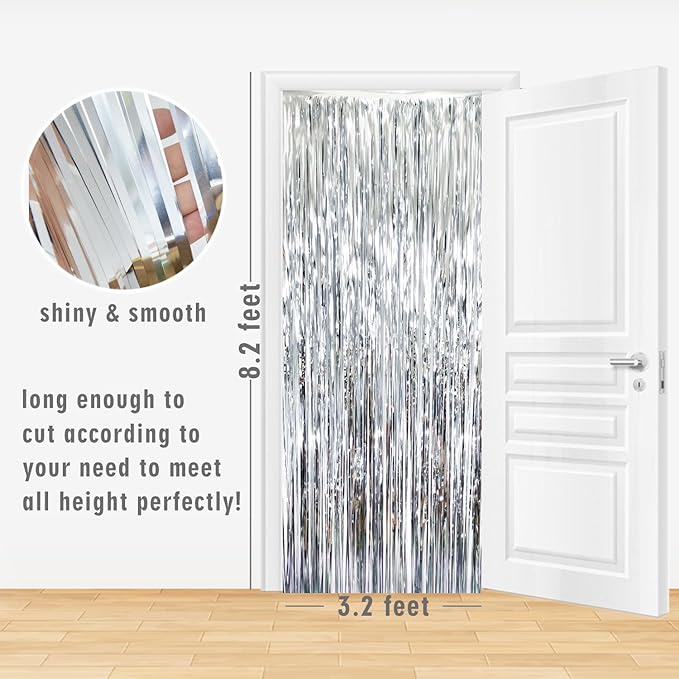 GOER 3.2 ft x 8.2 ft Metallic Tinsel Foil Fringe Curtains Party Photo Backdrop Party Streamers for Birthday,Graduation,New Year Eve Decorations Wedding Decor (Silver,5 pcs)