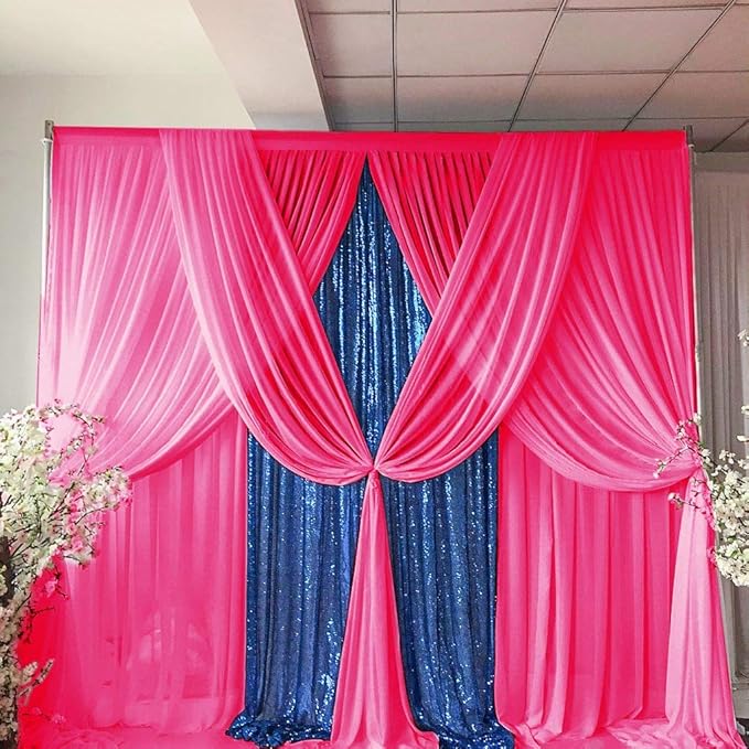 DUOBAO Hot Pink Chiffon Backdrop Curtain-2 Panels 29"x108" Wedding Backdrop Drapes Beach Curtains for Living Room Voile Window Curtain Photography Backdrops for Weddings Decor, Ceremony Decorations