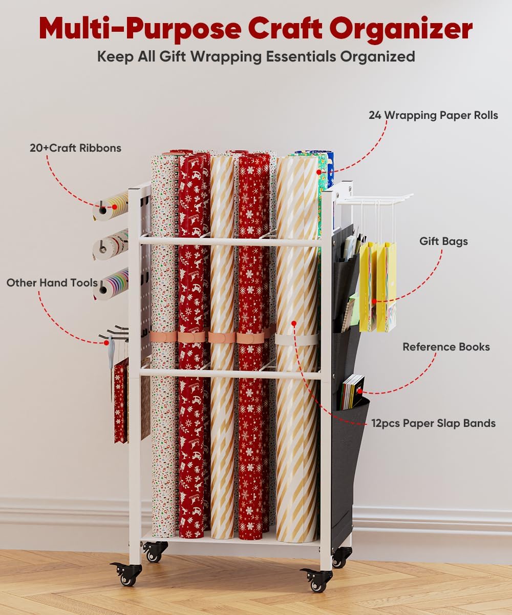 Wrapping Paper Storage Organizer with Wheels, Gift Wrap Storage Station with Ribbon and Gift Bag Storage, Rolling Craft Storage Cart with 12PCS Slap Bands, Christmas Decor, White
