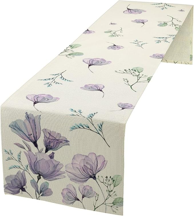 Poppy Flower Table Runner, Watercolor Purple Floral Leaves Seasonal Spring Summer Table Runner for Kitchen Dinning Table Runner Decor Home Wedding Party Holiday, 13x60 Inch