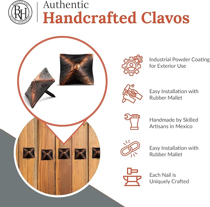 25 Pack 1.25" Square Head Iron Clavos Decorative Nails – Oil Rubbed Bronze – Handmade Rustic Square Fasteners for Farmhouse Shutters, Barn Doors, Shutters, Gates – Ornamental Wood Accent