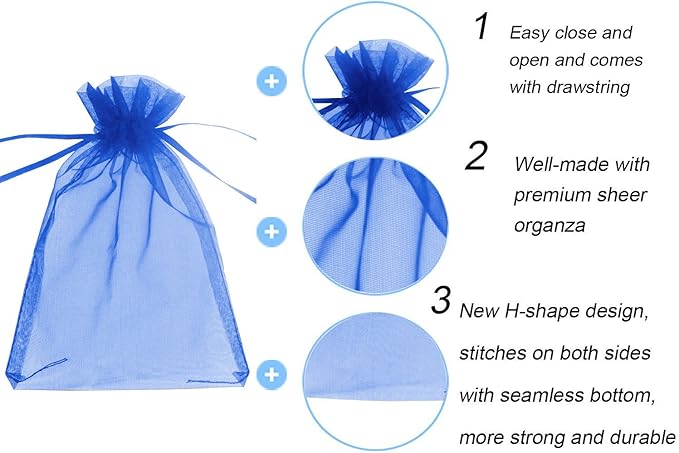 Wudygirl 100pcs 5X7 Blue Organza Bags with Drawstring Jewelry Lipstick Cosmetics Pouches Baby Shower Party Wedding Favor Candy Bags(Blue 5X7)