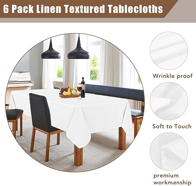 Fitable Faux Linen White Tablecloths for Rectangle Tables - 90 x 156 Inch - 6 Pack Fabric Textured Washable Table Clothes Floor Lenghth Table Covers for Wedding, Party, Banquet, Birthday