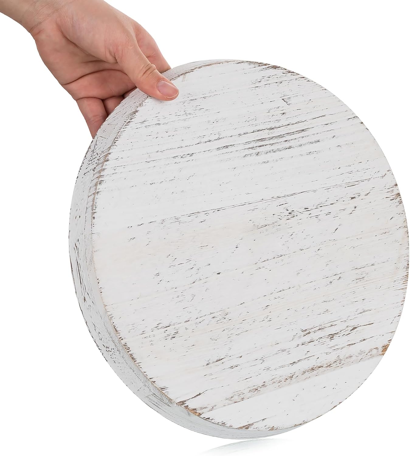 Romadedi Rustic Wooden Tray Candle Holder - Round Wood Decorative Pillar Candle Tray for Coffee Table Farmhouse Kitchen Countertop Organizer Home Decor Wedding Centerpiece, Distressed White