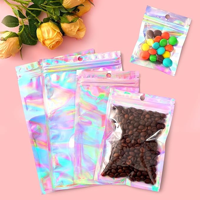 Funfery 100 Pack Smell Proof Holographic Bags Clear Resealable Bags,Mylar Foil Bag with Zipper,Seal Pouch Packaging Bag for Food Storage,Candy,Party Favor Sample Business Supplies(2.4x3.9in)