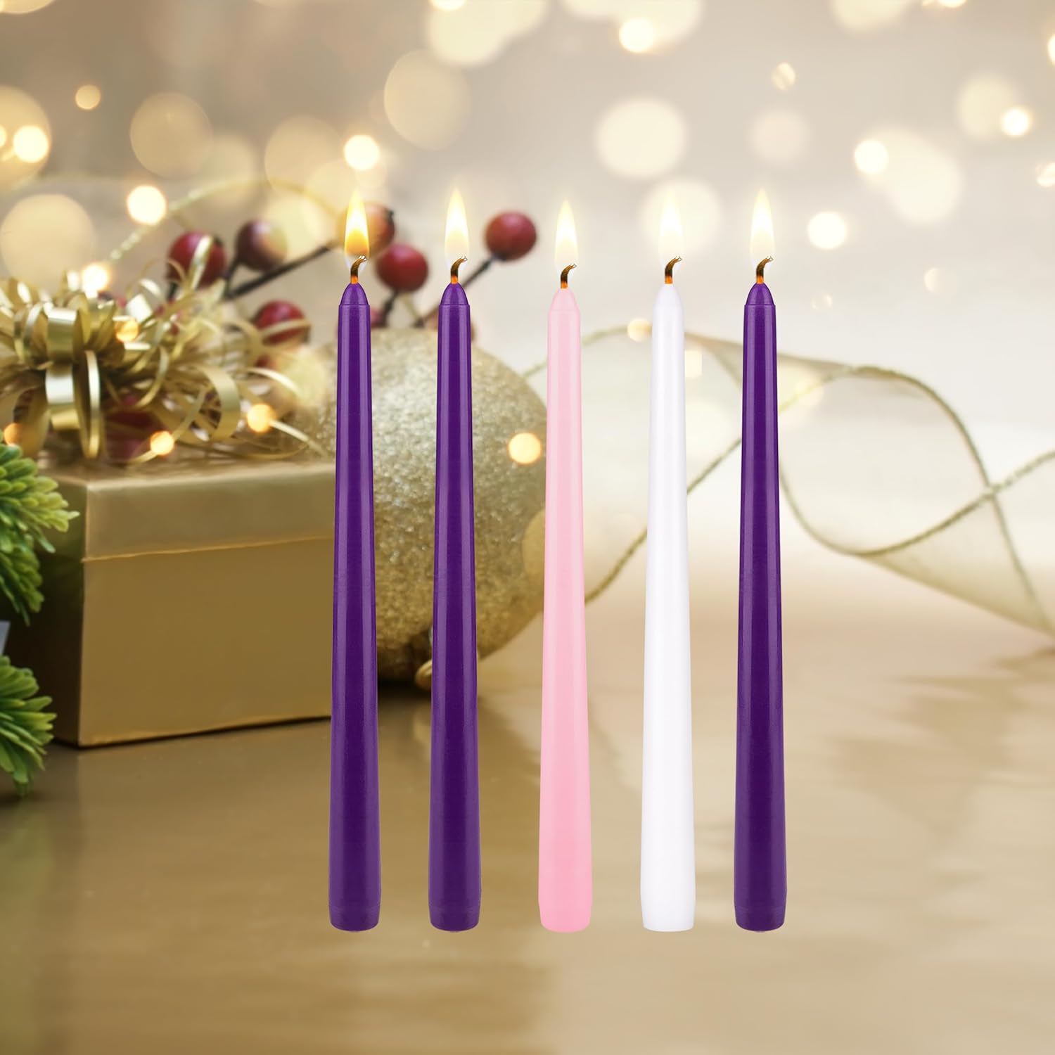 Mega Candles 5 pcs Unscented Christmas Advent Candles Set, Hand Poured Premium Wax Taper Candle 10 Inch x 7/8 Inch, Holidays, Occasions, Events, Festivitiess, Devotional, Church, Wreath, Party, Gifts