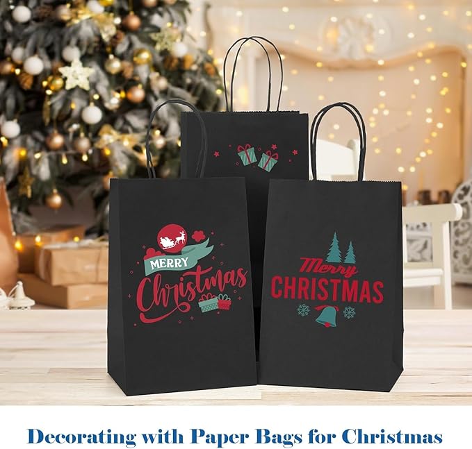 GSSUSA 200 Pack Black Paper Gift Bags 5.25x3.75x8'', Black Kraft Bags with Handles Bulk for Shopping, Craft, Grocery, Party, Retail, Lunch, Business, Wedding, Merchandise, Boutique