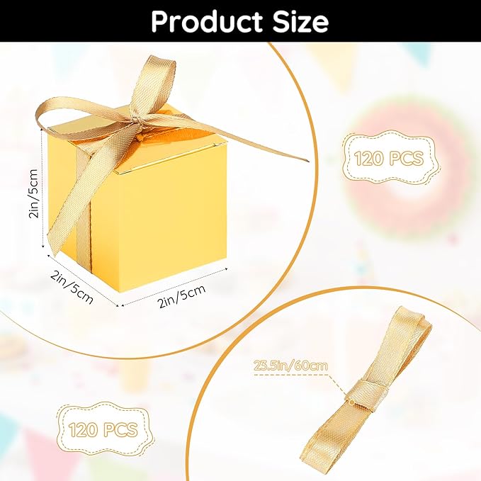 EUSOAR Small Gift Boxes with Lids, 120pcs 2x2x2 Inches Gold Party Favor Box Soap Packaging with Ribbon, Cube Candy Box Mini Muffins Bags Macaron Container for Birthday Advent Calendar DIY Supplies