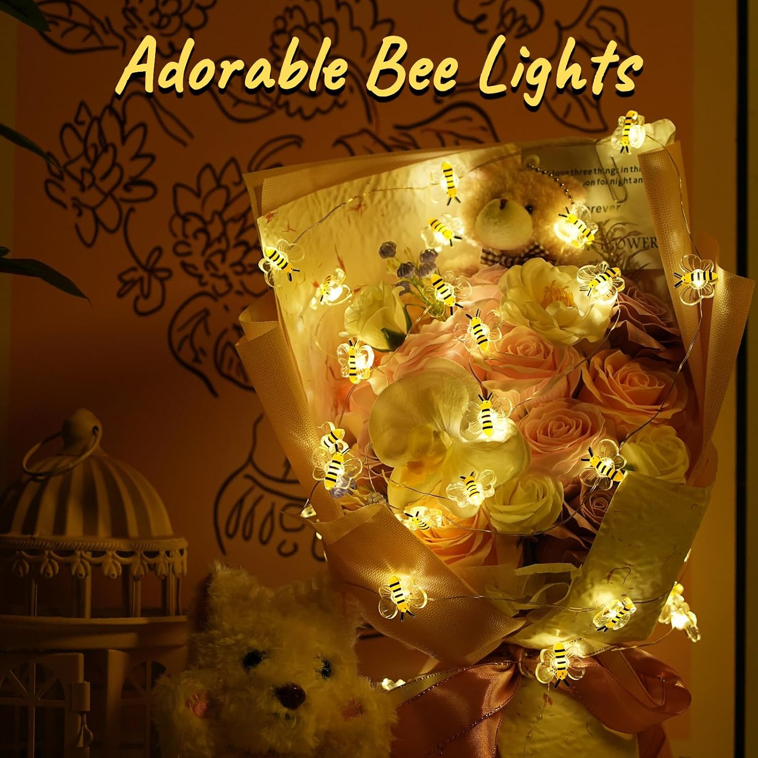 Bee Decor String Lights with Twinkling 10Ft 30Leds Battery Operated Spring Bee Bumble Cottage Core Decor Honey Gifts for DIY, Home, Classroom, Birthday, Party, Wedding, Christmas Tree