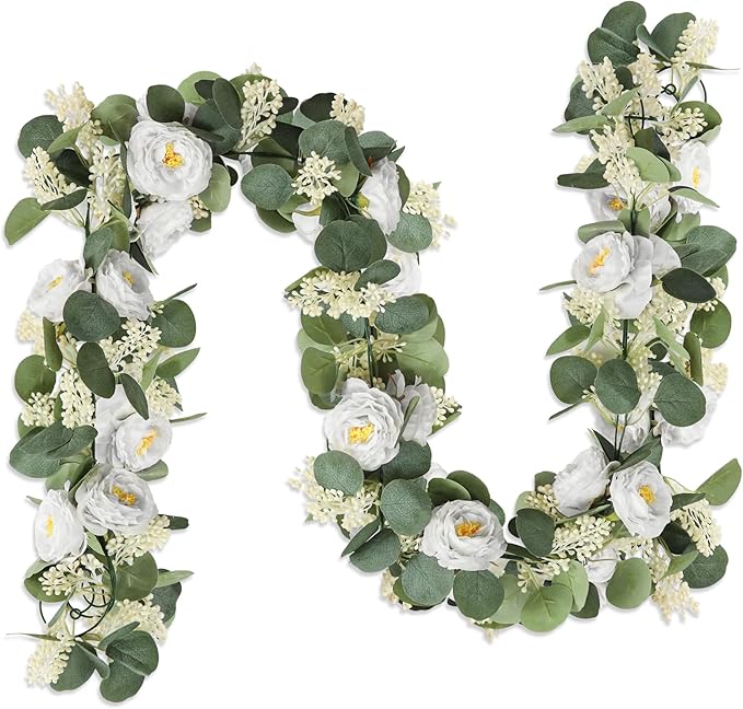 MAKHOT 2Pack White 6.6Ft Artificial Eucalyptus Garland with Flowers, Fake Rose Gypsophila Vine Rose Garlands Decor, Floral Flower Greenery Garland for Wedding Home Table Decor (White)