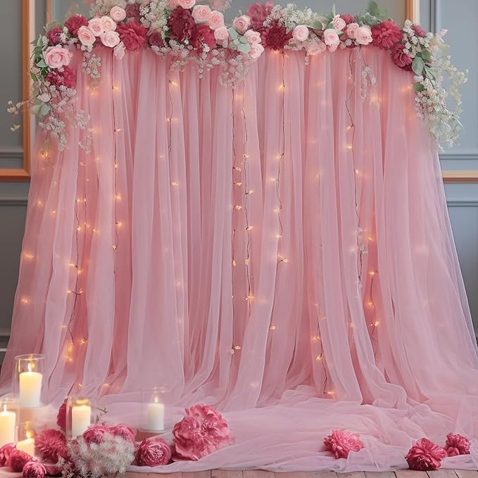 20x10 Dusty Rose Tulle Backdrop Curtains for Parties, Sheer Backdrop Curtain Wedding Photo Background Drapes for Baby Shower Photography Birthday Party