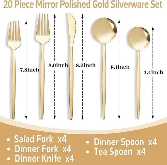 NOCCUR 20-Piece Gold Silverware Set for 4 - Stainless Steel Gold Flatware Set Include Knives, Spoons and Forks - Mirror Polished for Home/Party/Thanksgiving