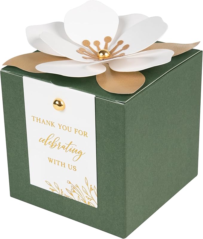 FEIYI 20 PCS Gift Boxes, 3 In 1 Olive Green Favor Boxes with Floral Decor, White Thank You Tags Cupcake Containers Gift wrapping for Wedding, Baby Shower, Birthday, Decorations Party - 3.55x3.55x3.55