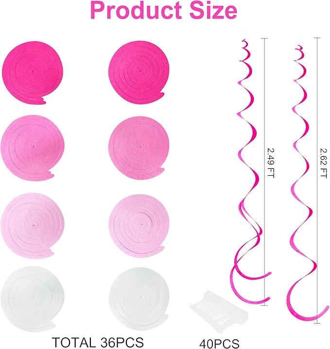 36 Pcs Hot Pink Hanging Swirl Decorations Ombre Pink White Felt Swirl Streamer Spiral Ceiling Decoration Garland for Birthday Bachelorette Wedding Bridal Shower Engagement Pink Girl Hen Party Supplies