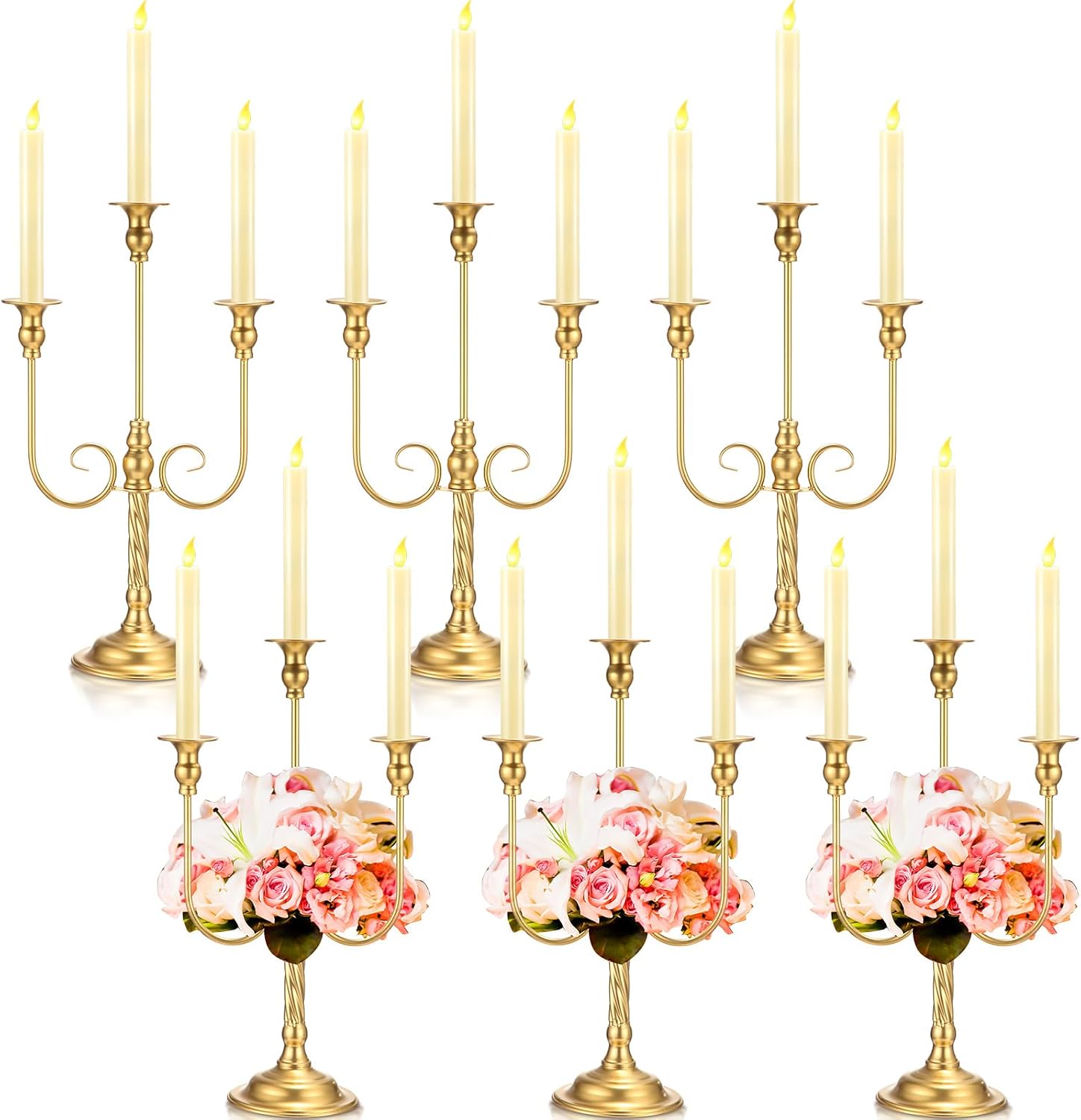 Rtteri 6 Pcs Gold Candelabra Candlestick Holder Metal Candle Stand Candelabra for Taper Candles Table Centerpieces Wedding Christmas Holiday Birthday Party (9.5 x 9.5 x 19.7 Inch,3 Arm)