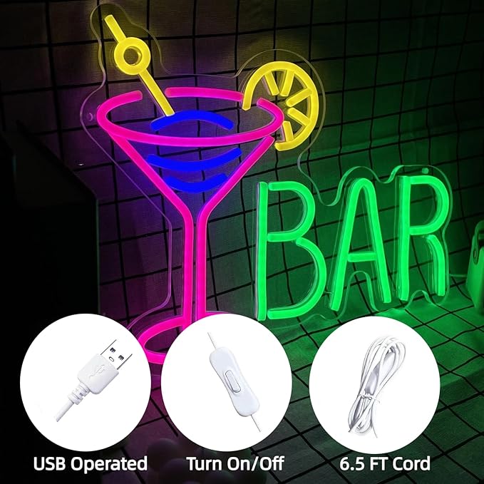 Neon Bar Sign USB-Powered Pink Bar Wall Decor for Home Bar, Man Cave Multi-Scene LED Lighting Neon Light