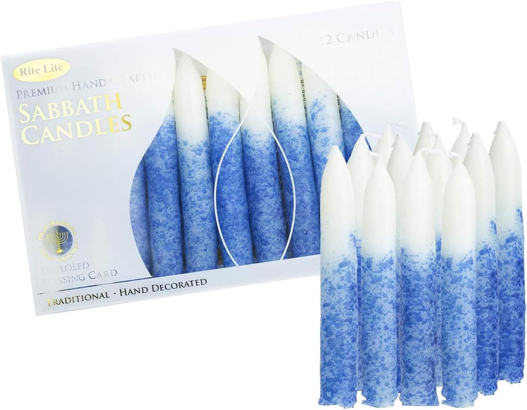 Rite Lite Blue & White Shabbat Candles Premium 12 Pack Traditional Dinner Table Jewish Household Shabbos Candles Religious Home Decor with Beautiful Gift Box & Artistic Card