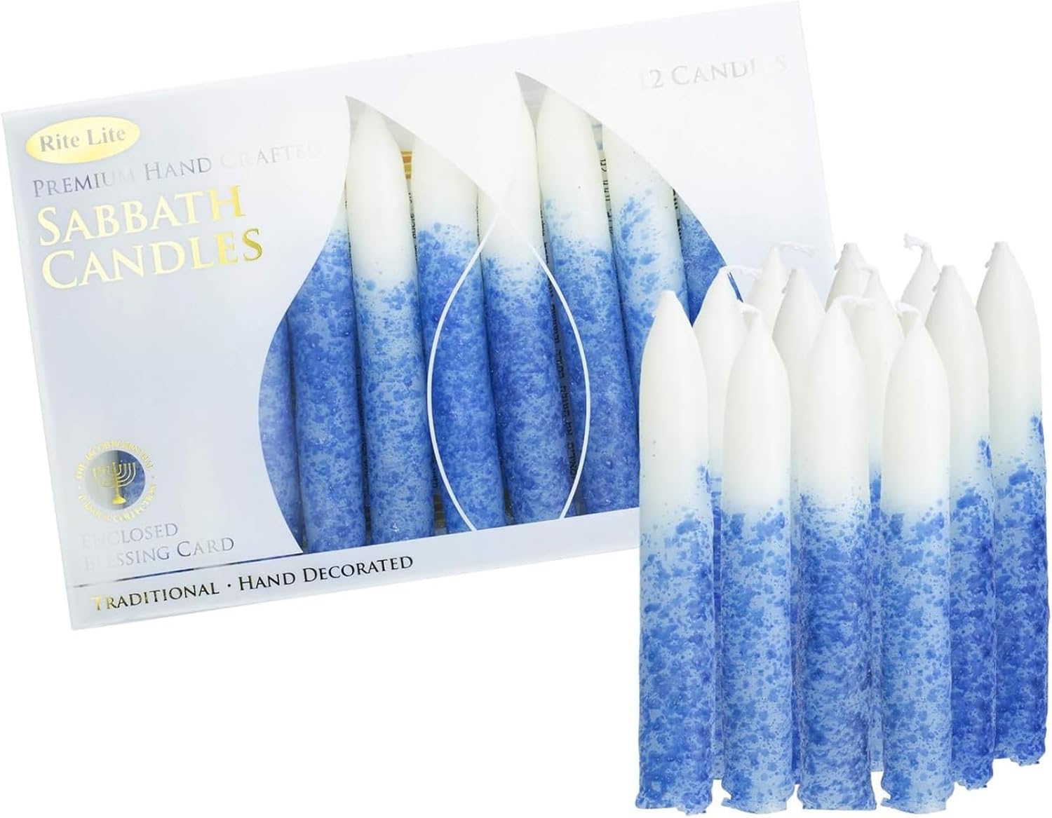Rite Lite Blue & White Shabbat Candles Premium 12 Pack Traditional Dinner Table Jewish Household Shabbos Candles Religious Home Decor with Beautiful Gift Box & Artistic Card