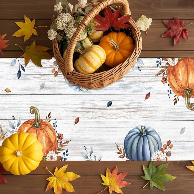 Thanksgiving Fall Cotton Linen Table Runner for Dining Kitchen, Pumpkins Eucalyptus Wedding Outdoor Party Tablerunners Decoration, Farmhouse Wooden Dresser Scarf Coffee Tablecloth Runners 13x90 Inches