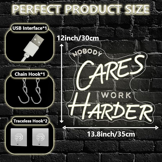 Nobody Cares Work Harder Neon Sign,Motivational Dimmable LED Light Signs for Wall Art Decor,Backdrop for Office Study Room Gym Bedroom Man Cave,Gift for Teen USB Powered（13.8"*11.9"）