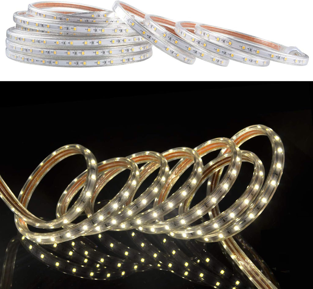SURNIE LED Rope Lights Outdoor Waterproof Warm White, 50ft Outside Bright Lighting Cuttable Connectable Flexible 110V Cool Clear Flat 3000K, Indoor Deck Patio Christmas Camping Decor, Not Tube Rope