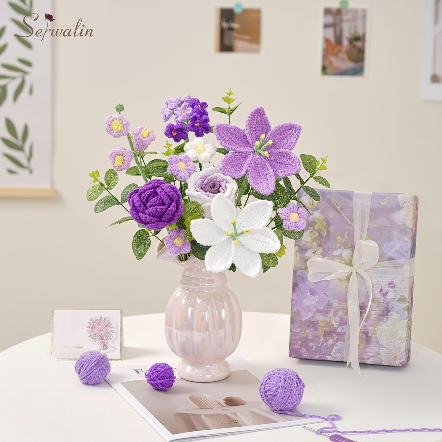 Serwalin Crochet Flower Bouquet, Purple Handmade Knitted Flowers, Liliy Roses Crochet Flowers for Mother's Day Graduation Lover Teacher Anniversary Birthday Gifts, for Girlfriend,Wife(Include Card)
