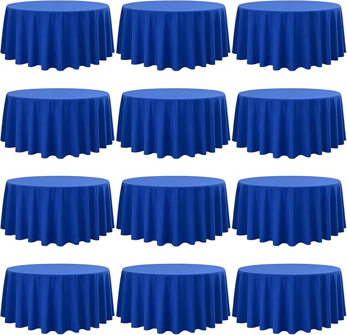 Fani 12 Pack 90 Inch Royal Blue Polyester Round Tablecloth, Stain and Wrinkle Resistant, Washable Table Cover for Wedding Party, Dining Table, Buffet, Parties, Camping