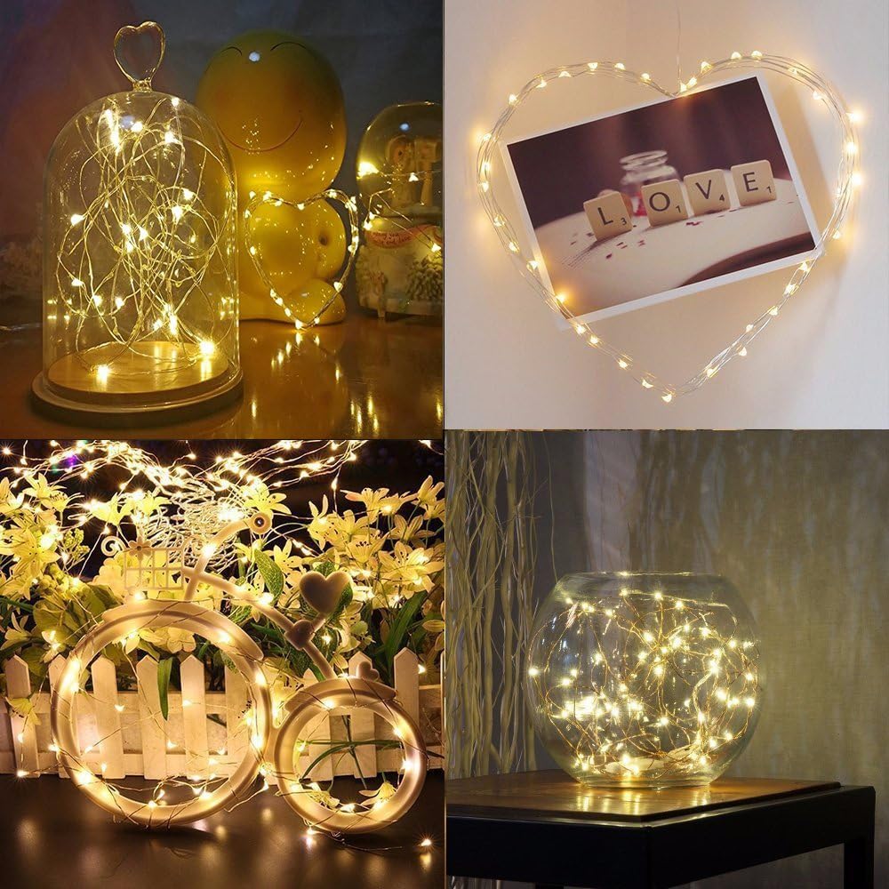 2 x Fairy Lights Battery Operated, 8 Mode 50 LEDs Remote & Timer Warm White | Silver Wire Chains 16.4Ft,LED String Lights Waterproof Battery Box for Bedroom, Wedding, Party,Christmas Decorations