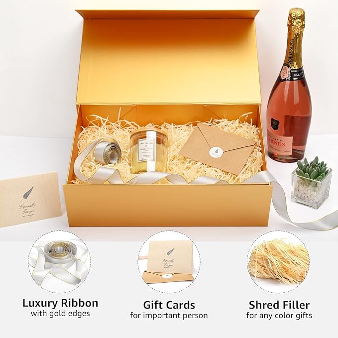 LIFELUM Gift Boxes with Lids for Presents 5 Pack 13.85 x 8.35 x 4.45 inch Gold Gift Boxes with Ribbon,Card,Shredded Paper Filler Gift Box for Valentine's day,Christmas
