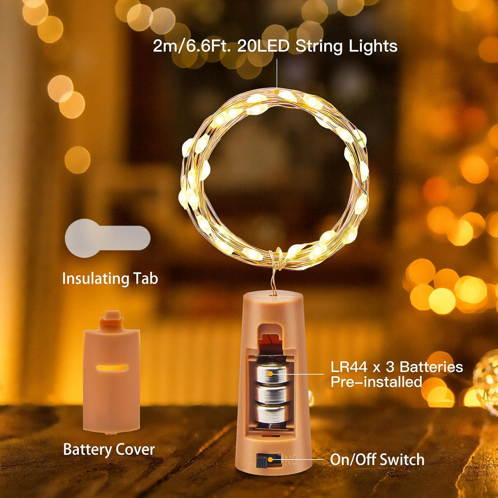 Brightown Wine Bottle Lights with Cork, 10 Pack 20 LED Waterproof Battery Operated Cork Lights, Silver Wire Mini Fairy Lights for Liquor Bottles DIY Party Bar Christmas Wedding Décor