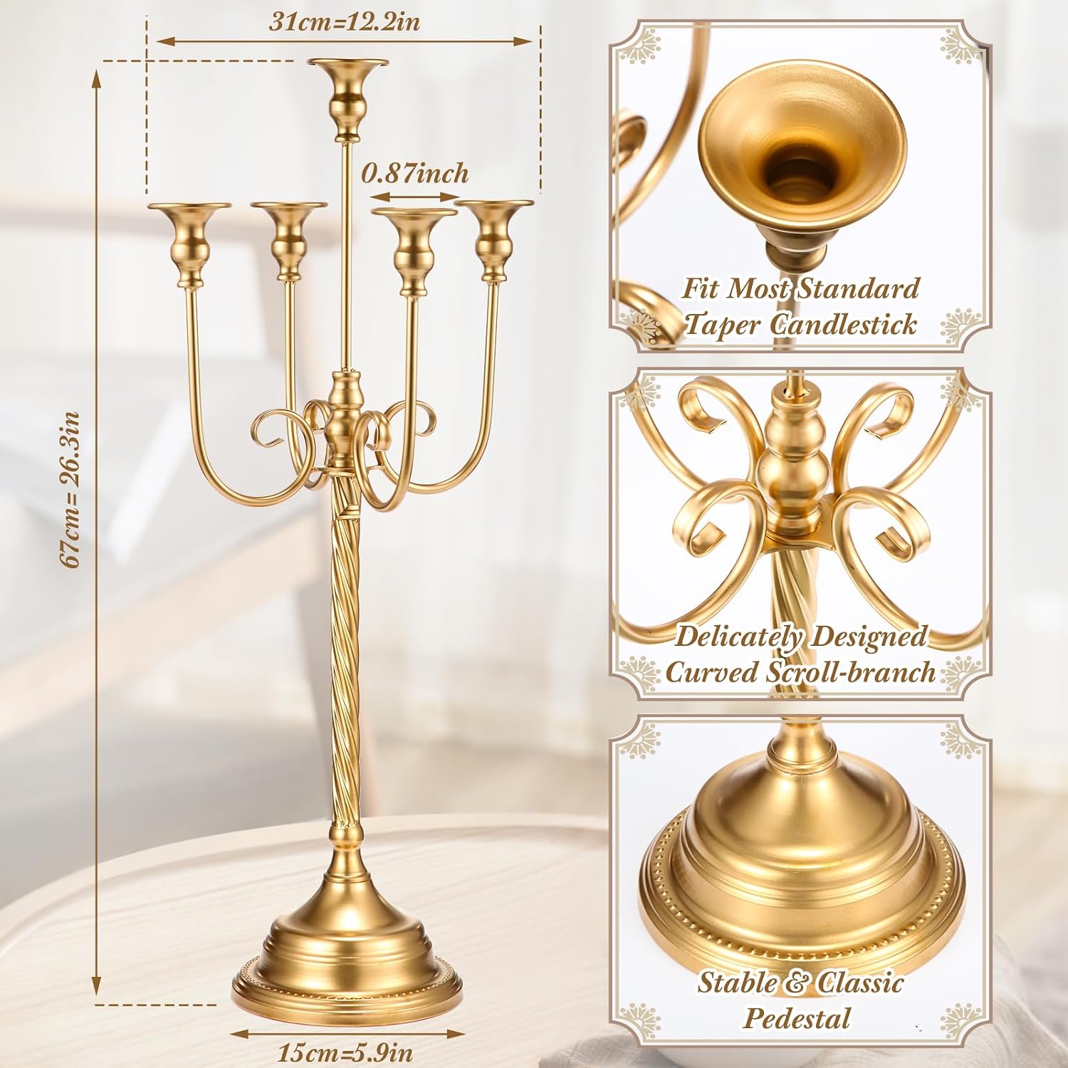 Rtteri 10 Pcs Gold Candelabra Candlestick Holder Metal Candle Stand Candelabra for Taper Candles Table Centerpieces Wedding Christmas Holiday Birthday Party (12.2 x 12.2 x 26.4 Inch,5 Arm)