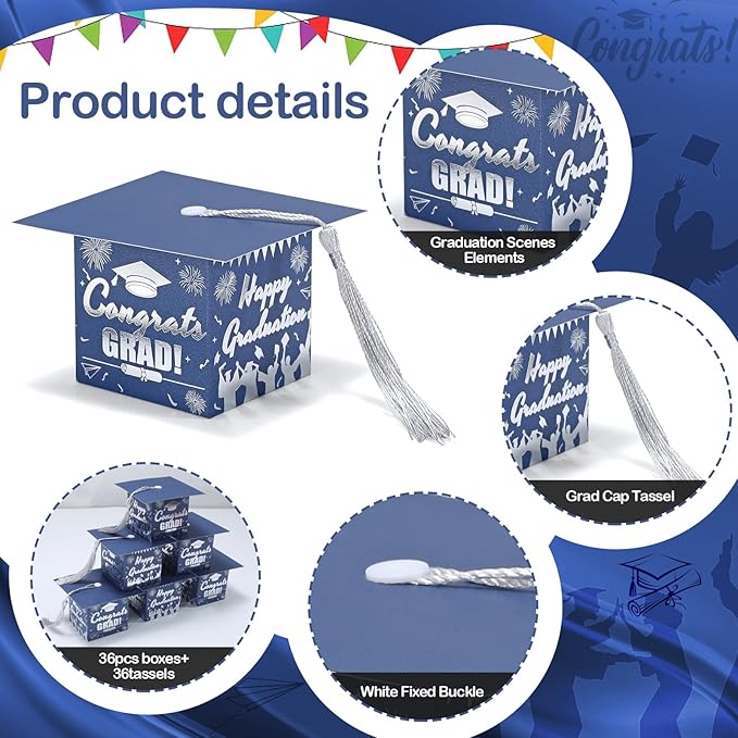 COTOPHER 36 Pack Mini Graduation Cap Gift Boxes with Tassel, Class of 2025 Graduation Candy Boxes Centerpieces for Tables Party Decorations, Small Treat Chocolate Box Graduate Favors Supplies