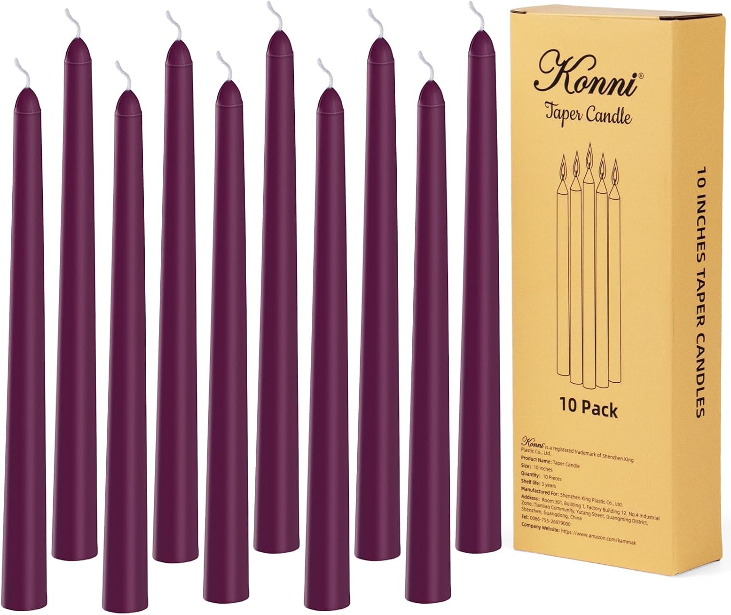 KONNI 0.87×10 Inch Purple Taper Candles, Unscented and Smokeless Tall Candlesticks, 10 Pack Tapered Candles with Cotton Wicks, Long Burning, Ideal for Weddings, Dinner Parties, and Home Décor