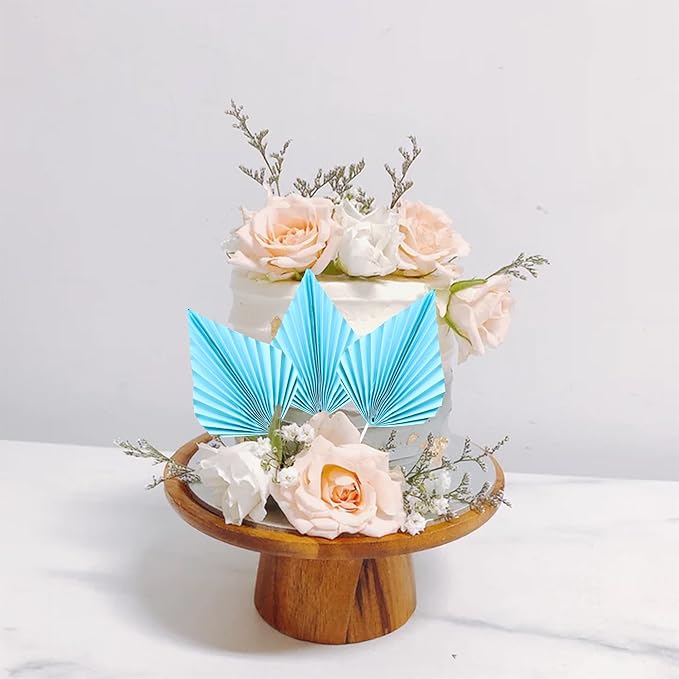 Ephlyn 6Pcs Paper Palm Fan Cake Topper Palm Leaf Fan Cake Pick Decoration for Insert DIY Craft Project Home Made Wedding Bridal Shower Birthday Anniversary Party Cake Decorations Blue