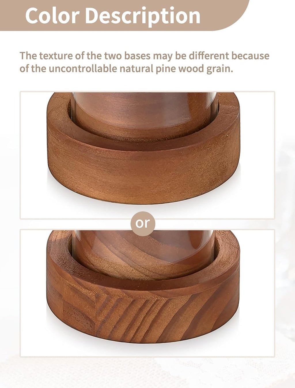NUPTIO Hurricane Glass Candle Holders with Wax Catchers, Dripless, Set of 2 | Metal Bobeches Catch Drips, Clear Chimney Glass, Brown Wood Bases, for Modern Weddings, Dining Tables, Easy Clean and Reuse