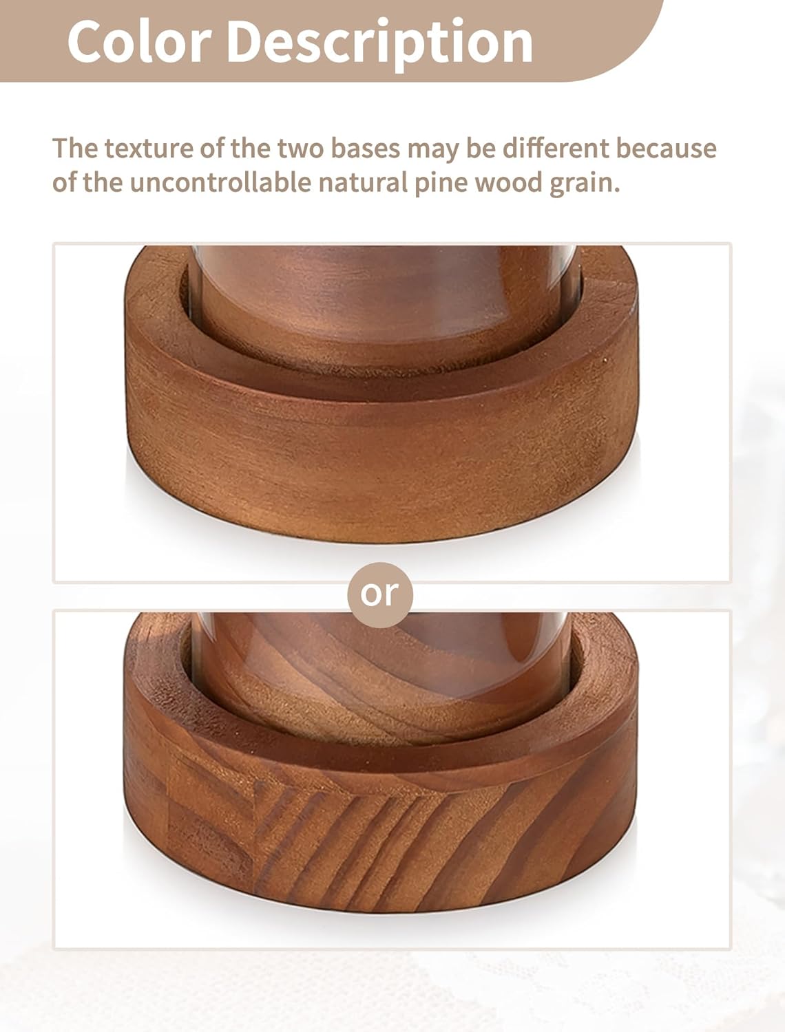 NUPTIO Hurricane Glass Candle Holders with Wax Catchers, Dripless, Set of 2 | Metal Bobeches Catch Drips, Clear Chimney Glass, Brown Wood Bases, for Modern Weddings, Dining Tables, Easy Clean and Reuse