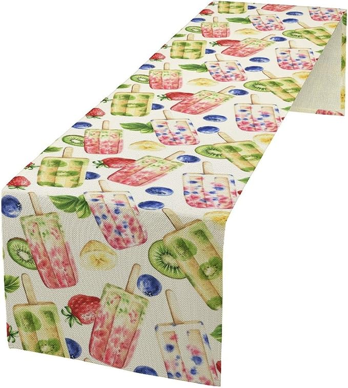 Ice Cream Table Runner, Watercolor Fruit Ice Popsicles Berry Kiwi Cold Summer Desserts Seasonal Dinner Runner for Party Holiday Home Kitchen Dining Table Decor 13"x60"