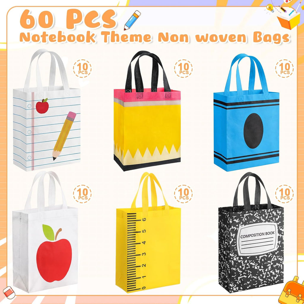 Sweetude 60 Pcs Back to School Gift Bags with Handles, 12.6 x 9.84 x 4.33 Inch Reusable Teacher Appreciation Tote Bags, Non Woven for First Day of School Party Favors Classroom Teacher Student Gifts