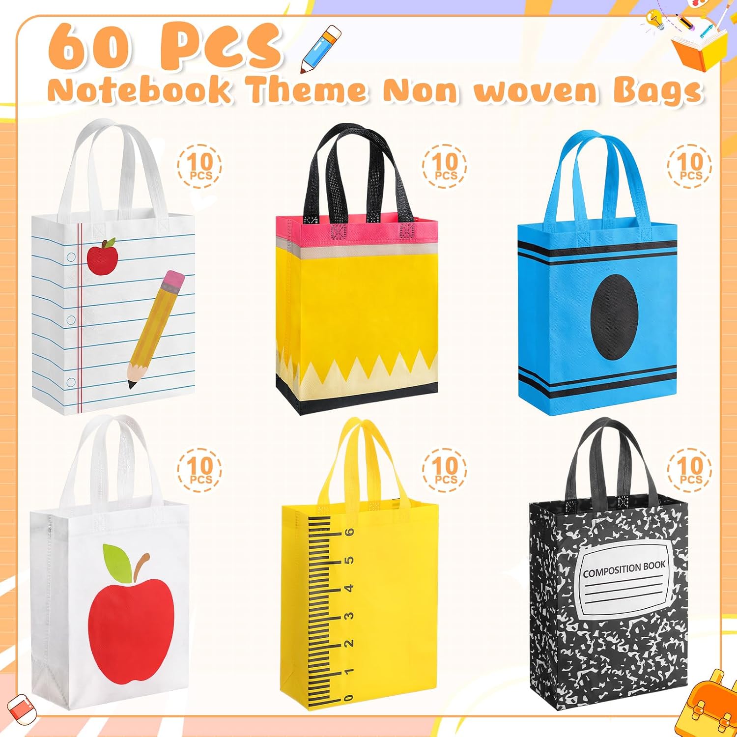 Sweetude 60 Pcs Back to School Gift Bags with Handles, 12.6 x 9.84 x 4.33 Inch Reusable Teacher Appreciation Tote Bags, Non Woven for First Day of School Party Favors Classroom Teacher Student Gifts