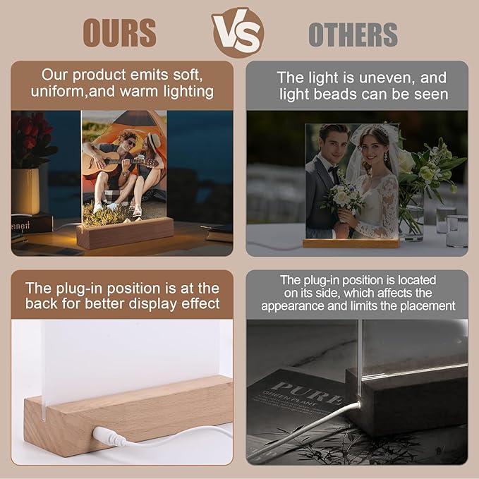 6" x 8"- 4 pcs Acrylic 2 pcs Frame Sublimation LED Acrylic Photo Frames Night Lights Blanks Heart Shape,with Warm Color Light with Wood Stand for Heat Press Machine Printing