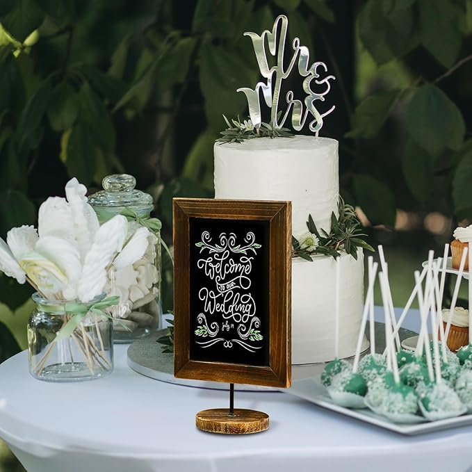 MyGift Set of 2, 12 Inch Chalkboard Sign with Burnt Wood Rectangular Frame and Round Base, Rustic Wedding Table Place Card Signage, Small Kitchen Countertop Memo Board