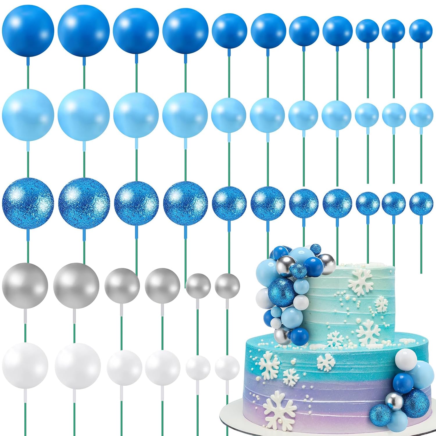 108 Pcs Balls Cake Topper DIY Cupcake Insert Foam Balloons for Cake Baking Wedding Anniversary Birthday Decoration(Blue White Silver,Multi Sizes)